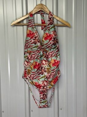 Nicole Miller Scrunched Front Tie Floral One Piece Swimsuit Chic Resortwear NWT